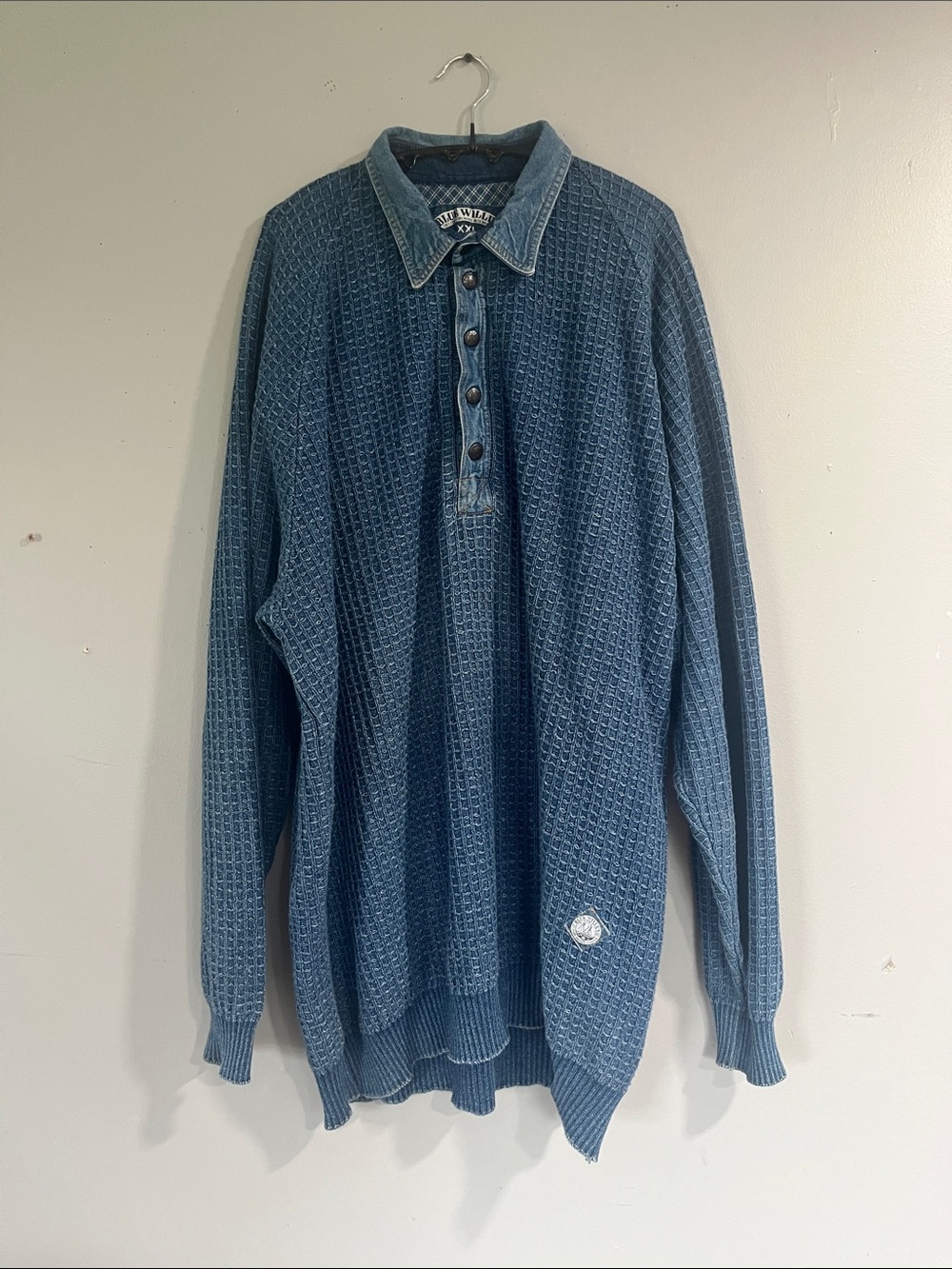 Blue Willi's Denim-Collar Waffle Knit Polo Sweater - Blue XXL